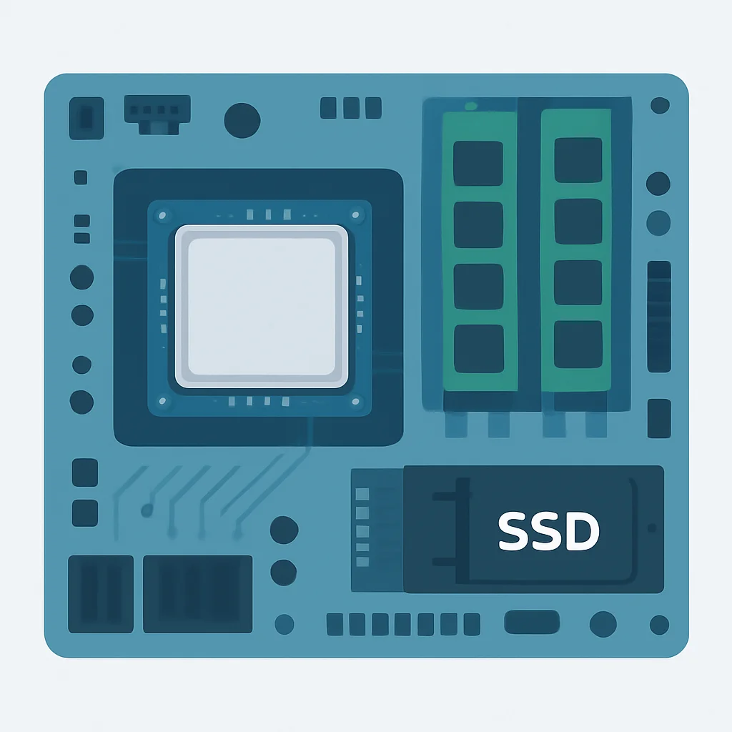 Vista interna de la placa base de un mini PC destacando las ranuras de CPU, RAM y SSD