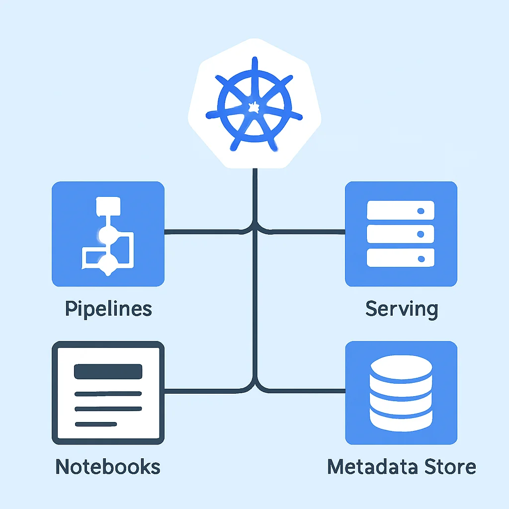 Diagrama de arquitectura de Kubeflow mostrando la interacción entre pipelines, serving, notebooks y el almacén de metadatos en Kubernetes