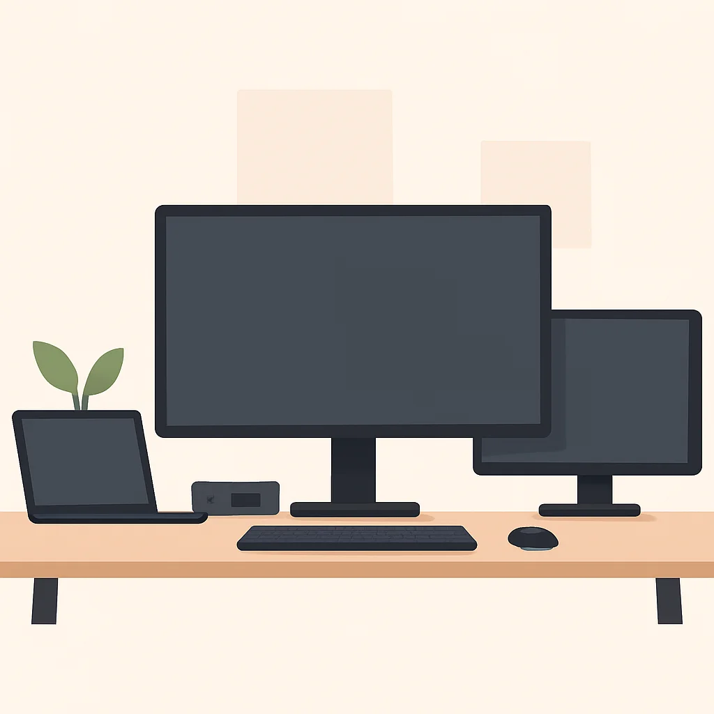 Configuración de escritorio minimalista para desarrolladores con un mini PC oculto detrás del monitor y varias pantallas