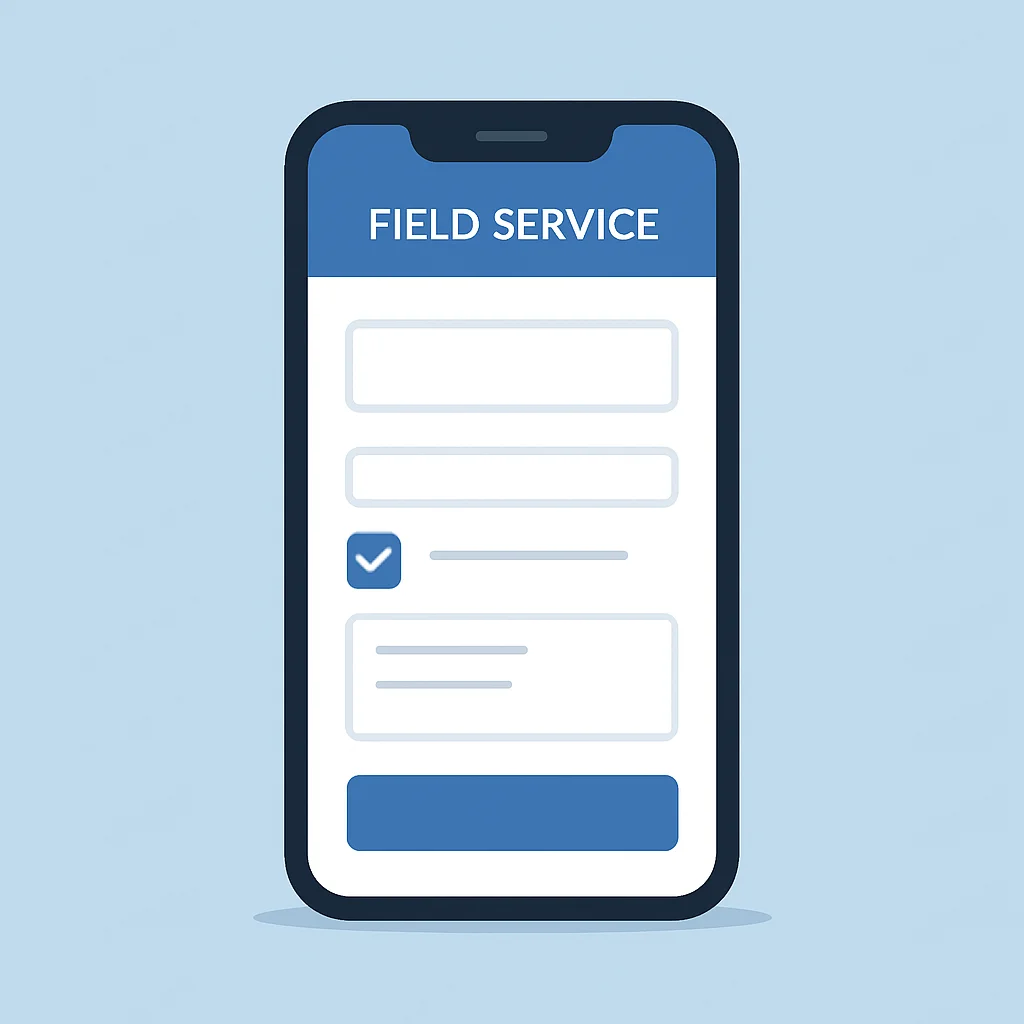Teléfono móvil mostrando una aplicación de servicio de campo con formularios y entrada de datos