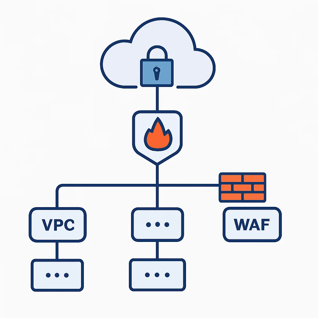 Diagrama de seguridad de red mostrando VPCs, subredes, firewalls, WAFs y conexiones VPN
