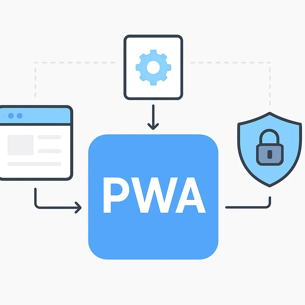 Diagrama de arquitectura de PWA con service worker, manifiesto web y HTTPS