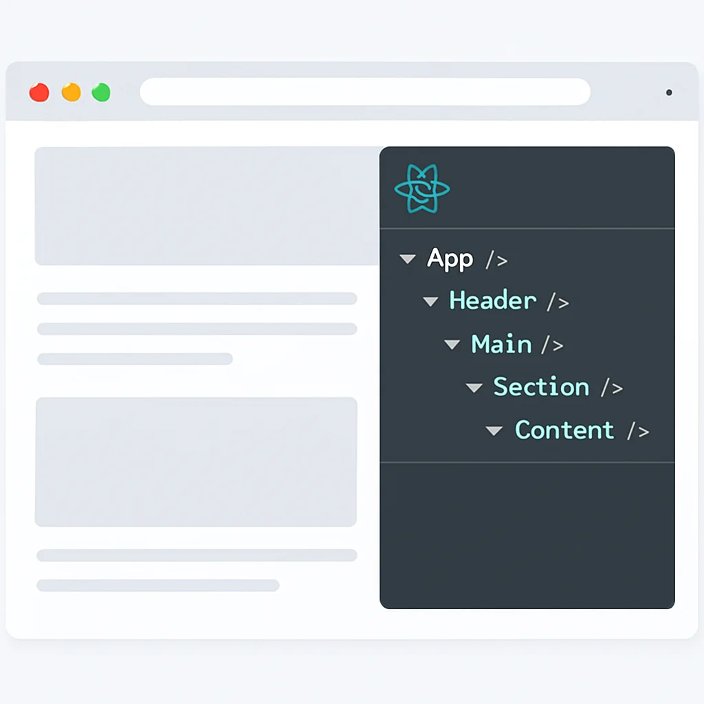 Mockup de captura de pantalla de React Developer Tools inspeccionando un árbol de componentes en un navegador