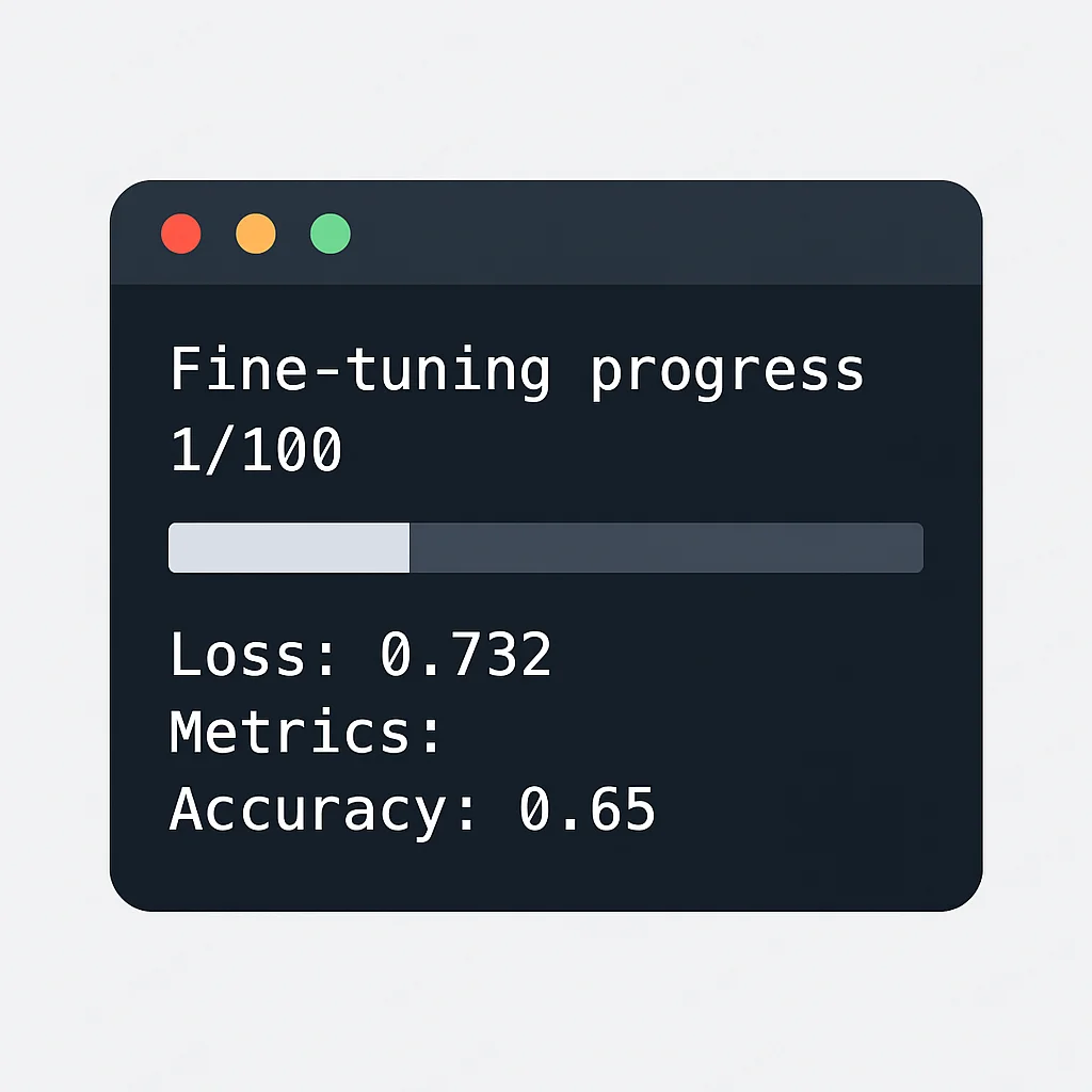 Captura de pantalla de la consola mostrando el progreso del fine-tuning con pérdidas y métricas