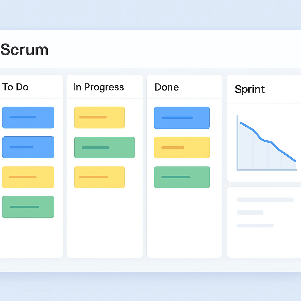 Captura de pantalla de un tablero Scrum de Jira con tareas, sprints y gráfico burndown