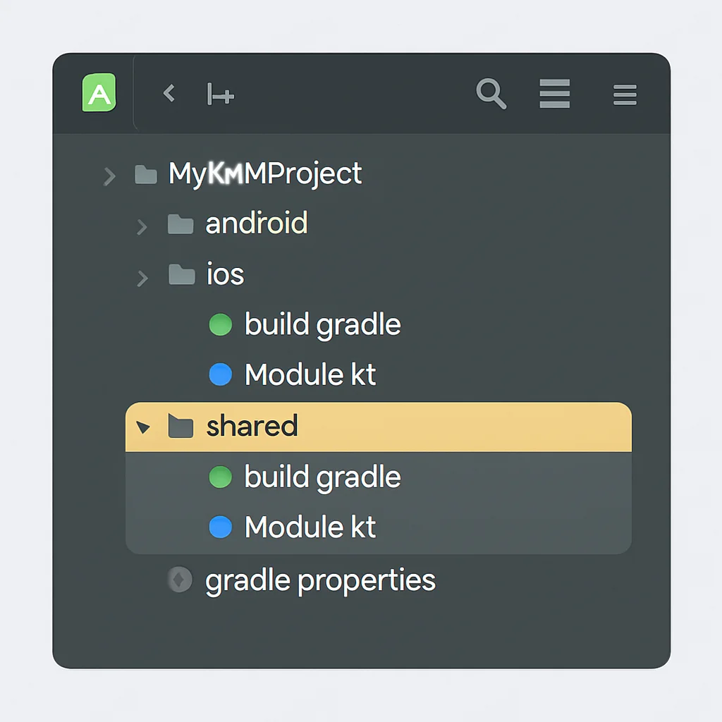 Captura de pantalla de la estructura de un proyecto KMM en Android Studio con el módulo compartido resaltado