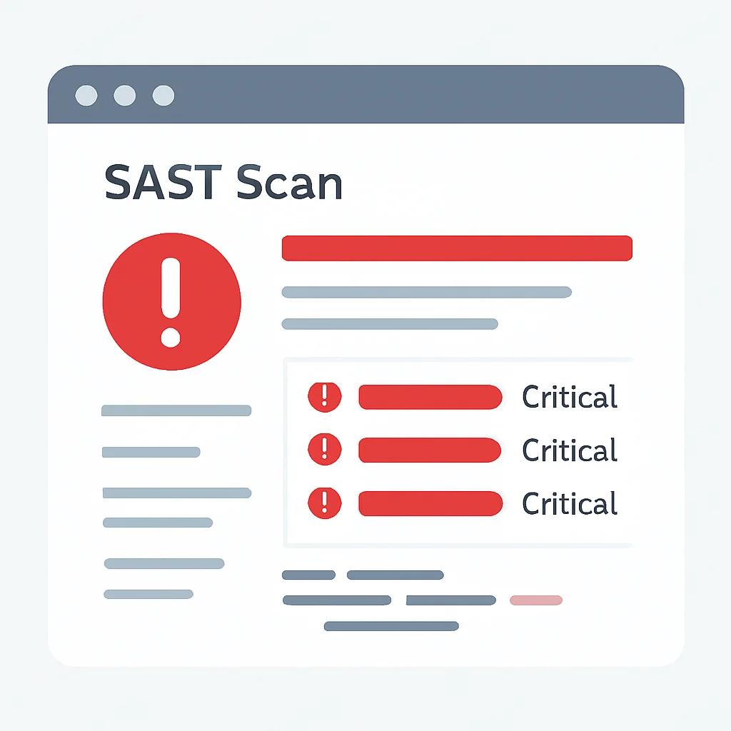 Captura de pantalla de un informe de escaneo SAST con vulnerabilidades críticas en el código fuente