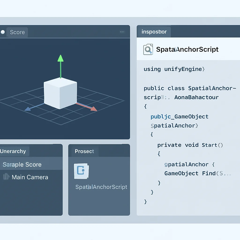 Captura de pantalla del editor de Unity mostrando una escena simple con un script C# para anclaje espacial, resaltando el código en el inspector.