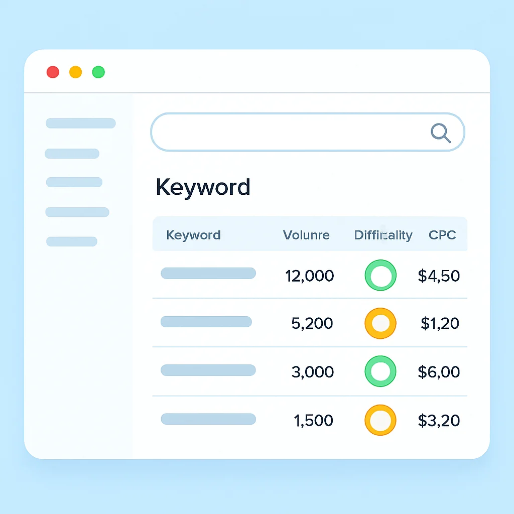 Captura de pantalla de la interfaz de investigación de palabras clave de Ahrefs o Semrush para una palabra clave tecnológica