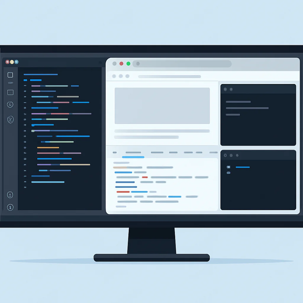 Captura de pantalla de un monitor ultrawide mostrando el espacio de trabajo de un desarrollador con VS Code, navegador con herramientas de desarrollo y terminal bien organizados.
