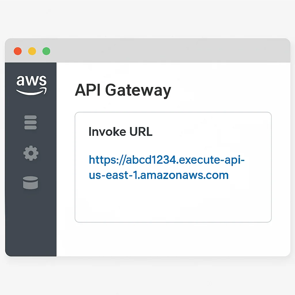 Captura de pantalla de la consola de AWS mostrando la URL del endpoint de API Gateway