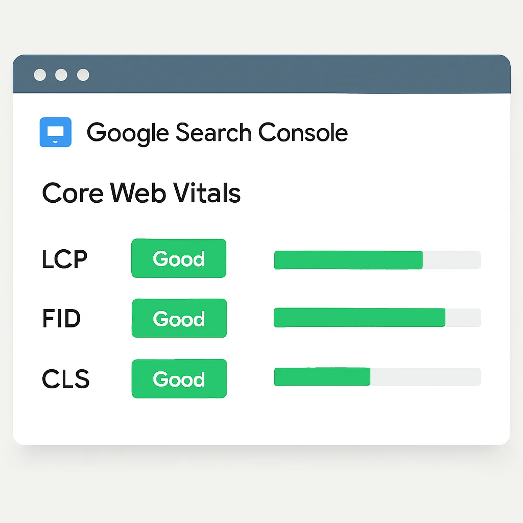 Captura de pantalla del informe de Core Web Vitals de Google Search Console con puntuaciones positivas