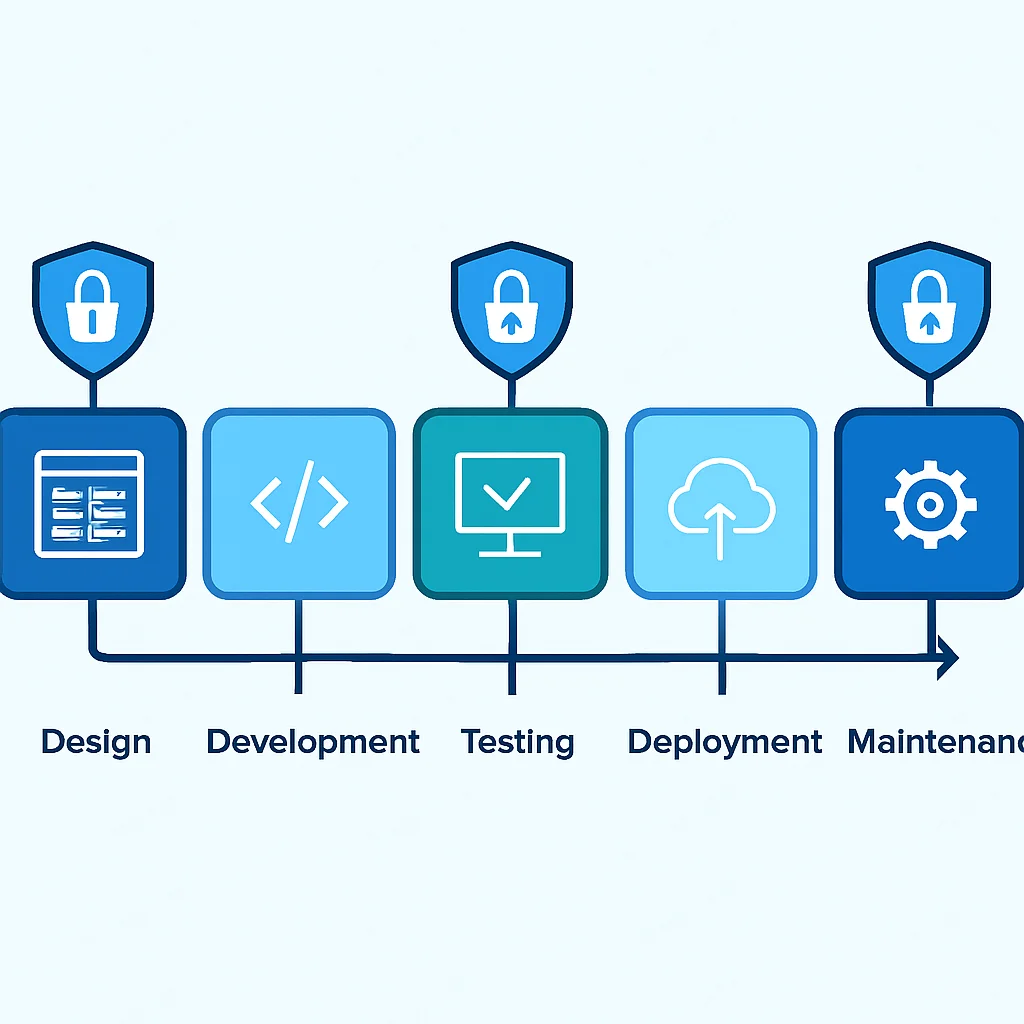 Diagrama del Ciclo de Vida de Desarrollo Seguro (SDLC) con puntos de control de seguridad en cada fase