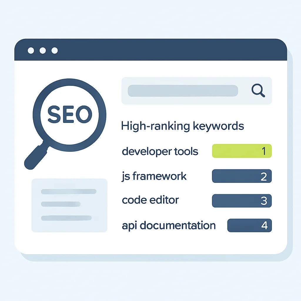 Panel de investigación de palabras clave SEO con palabras clave de alto rango para herramientas de desarrollador