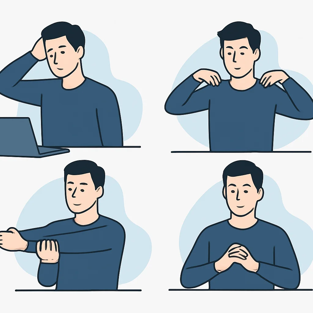 Secuencia de estiramientos de oficina simples para cuello, hombros y muñecas, adecuados para un desarrollador tomando un descanso.