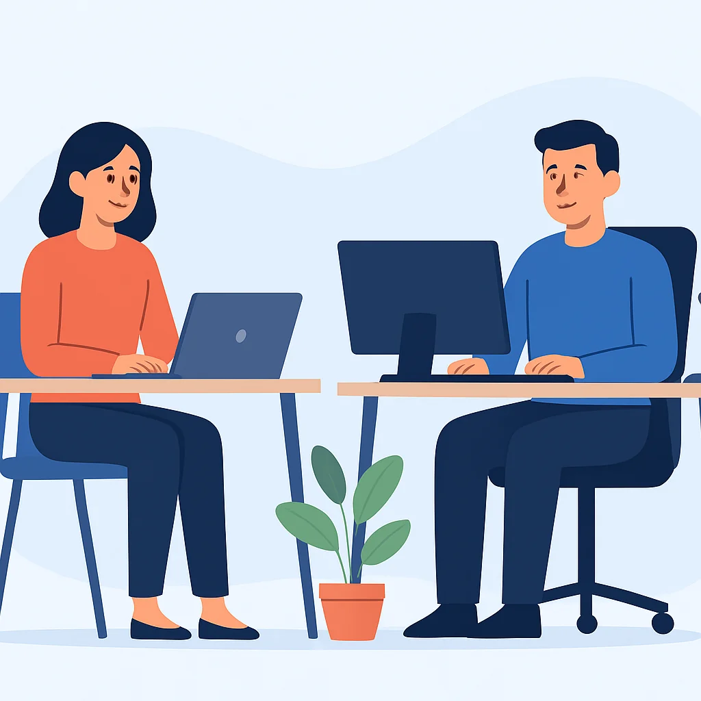 Dos personas (Ana y Marcos) en escritorios separados, una con un setup minimalista, la otra más elaborado, ambas contentas