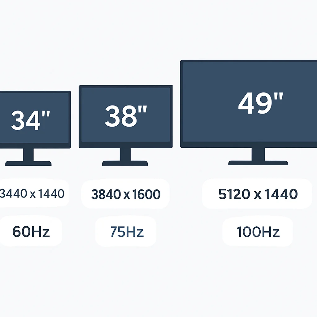 Gráfico comparativo visual de tres modelos de monitores ultrawide diferentes con sus especificaciones clave resaltadas.