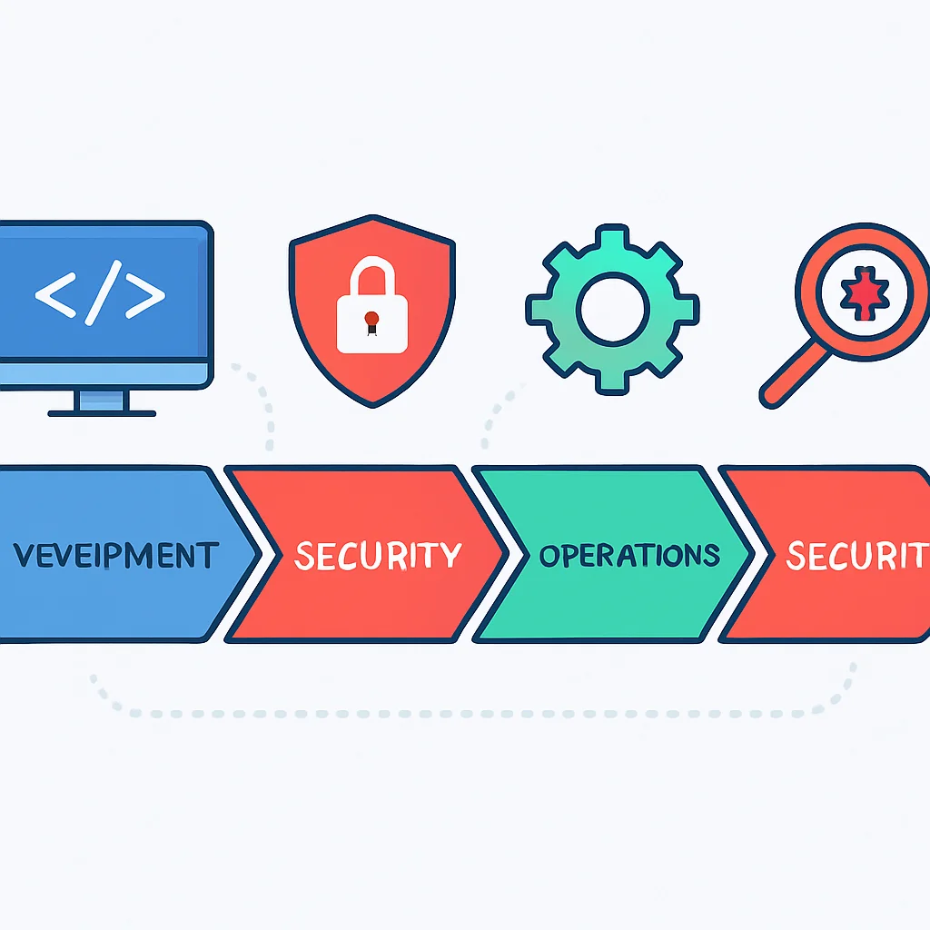 Representación visual de un pipeline DevSecOps completo con todas las etapas de seguridad resaltadas
