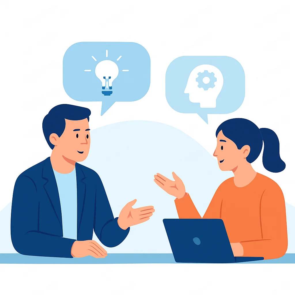Representación visual de una relación mentor-aprendiz con personas interactuando, mostrando escucha activa y aprendizaje compartido