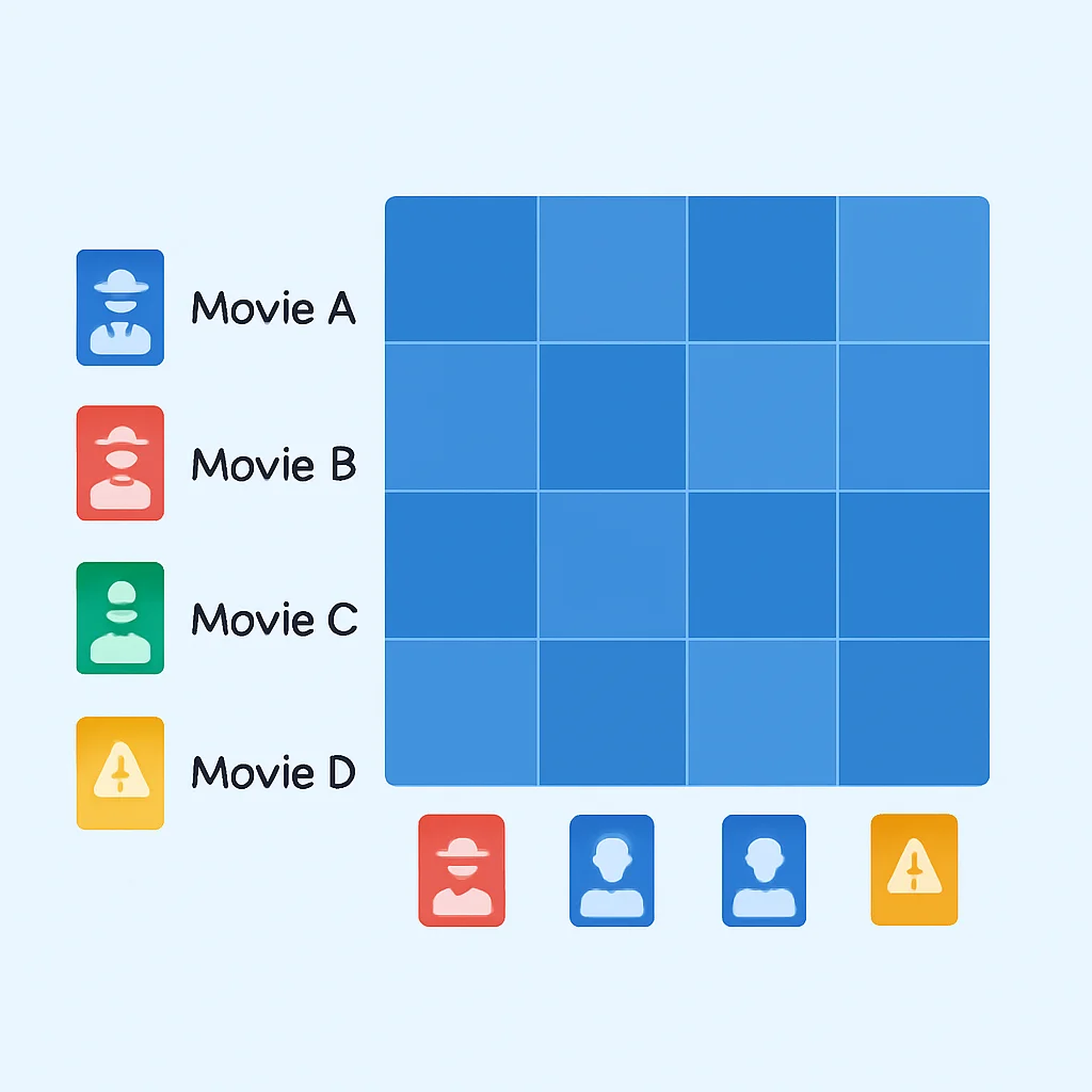 Visualización de una matriz de similitud de coseno para películas, mostrando altas puntuaciones de similitud entre películas relacionadas