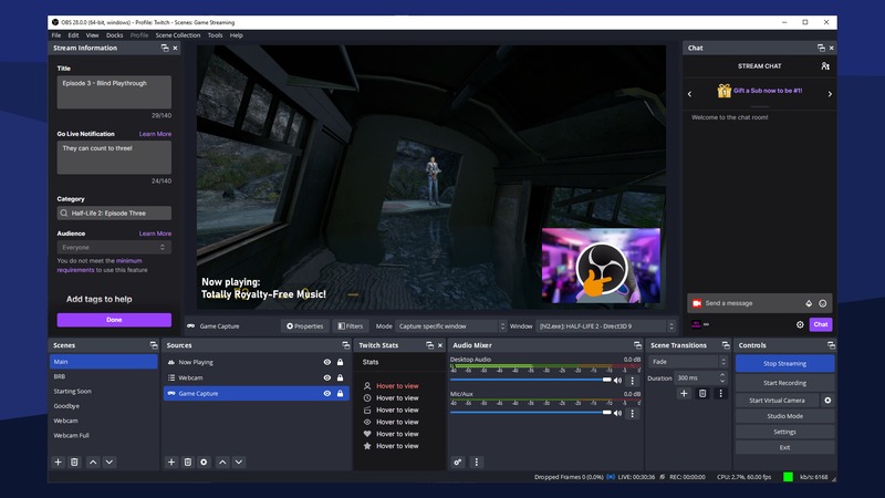 Interfaz de OBS Studio con escenas y fuentes