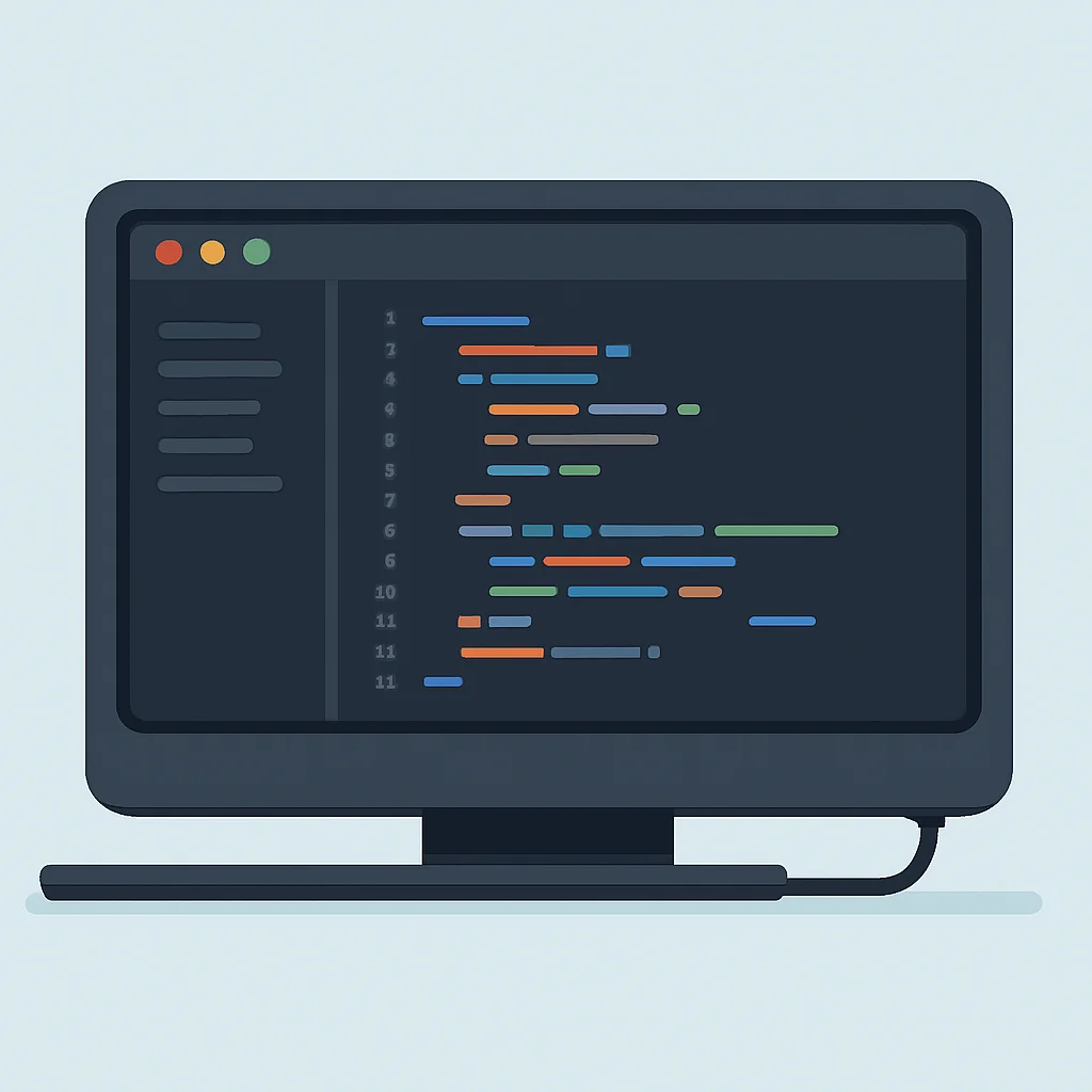 Primer plano de un monitor portátil mostrando código en un IDE, con texto nítido y resaltado de sintaxis claro.