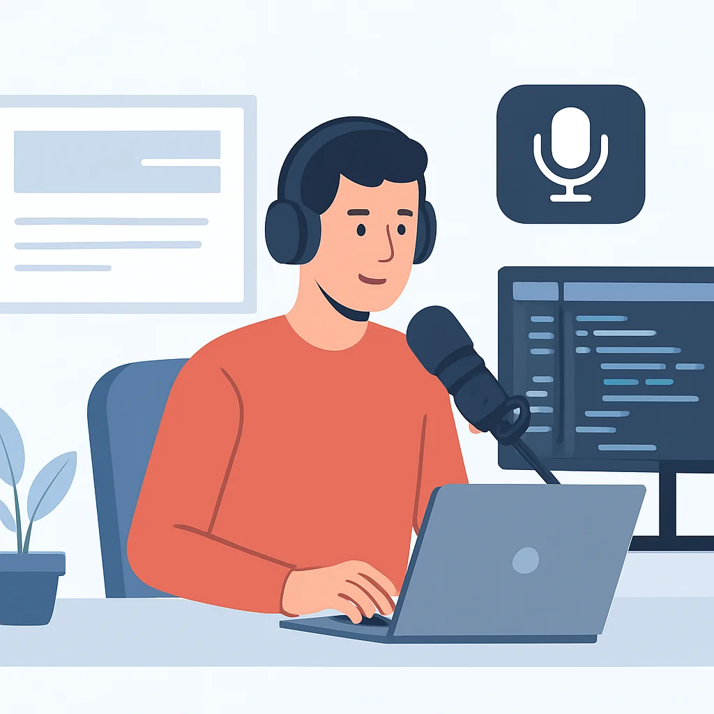 Estudio de creación de contenido con un desarrollador blogueando, grabando un podcast y programando en una pantalla