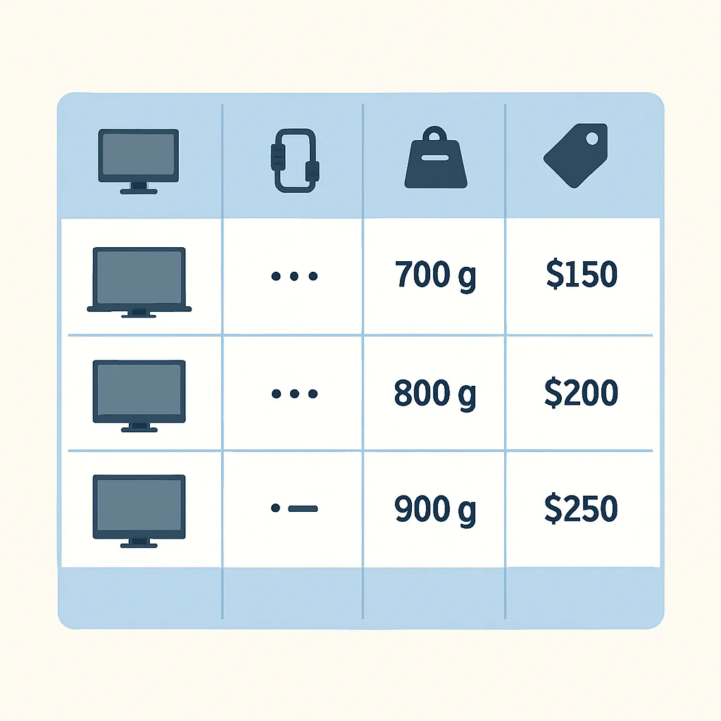 Tabla comparativa detallada de características de monitores portátiles, destacando resolución, conectividad, peso y precio.