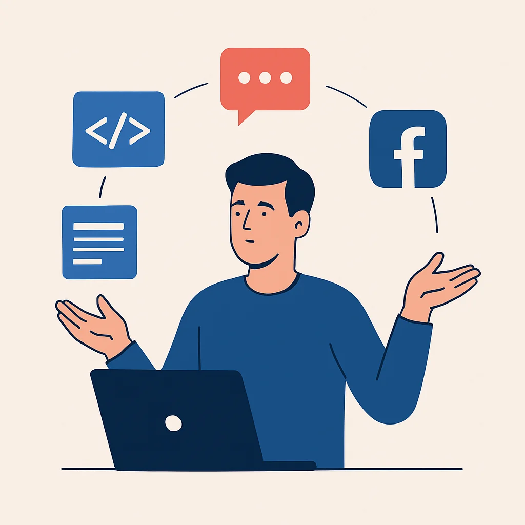 Un desarrollador haciendo malabares con múltiples tareas como codificar, escribir, hablar y redes sociales, representando los desafíos de la marca personal