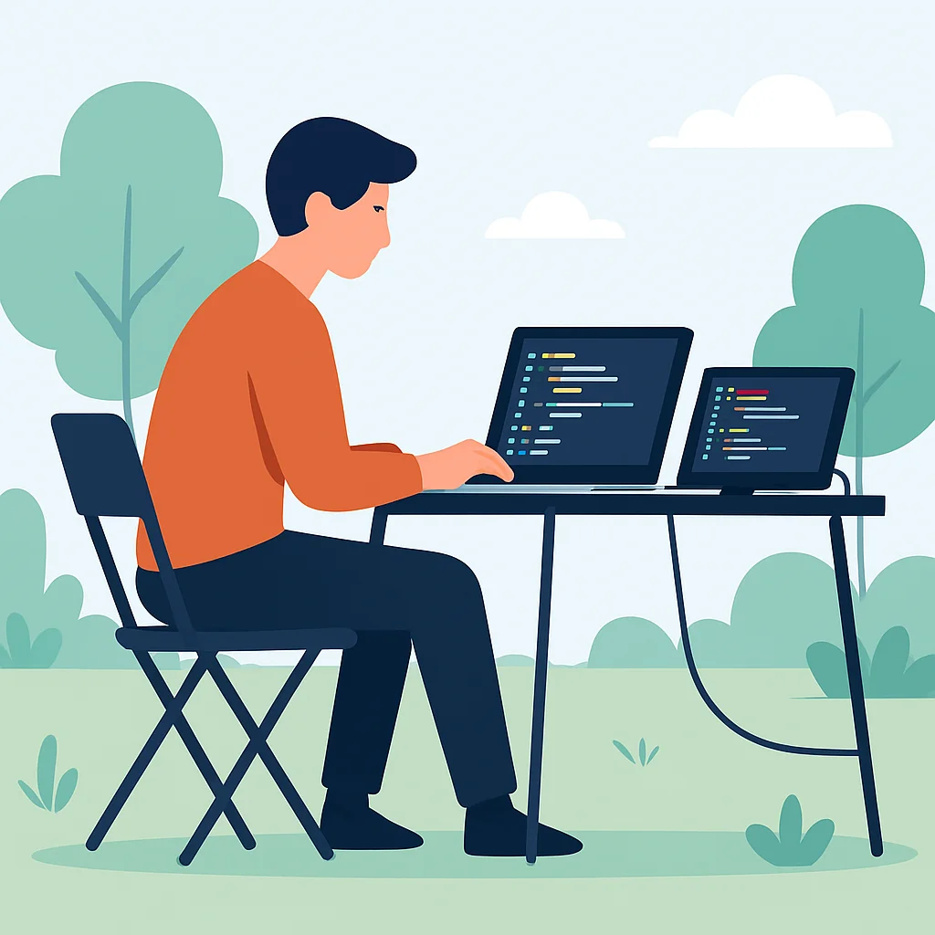 Un desarrollador trabajando al aire libre con un portátil y un monitor portátil en una mesa pequeña, mostrando una configuración móvil y ergonómica.