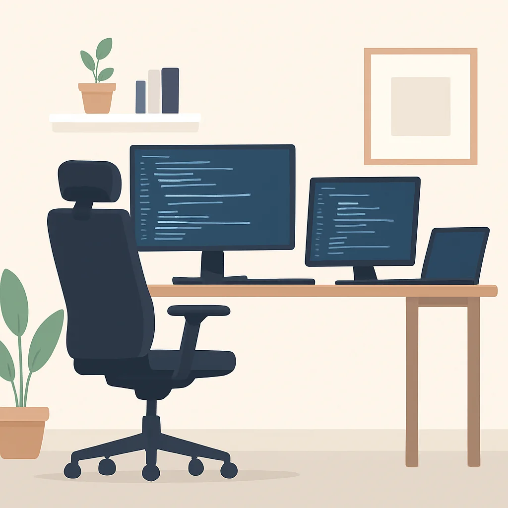 Configuración de oficina en casa de un desarrollador moderno con una silla ergonómica de alta gama, múltiples monitores y un escritorio limpio.