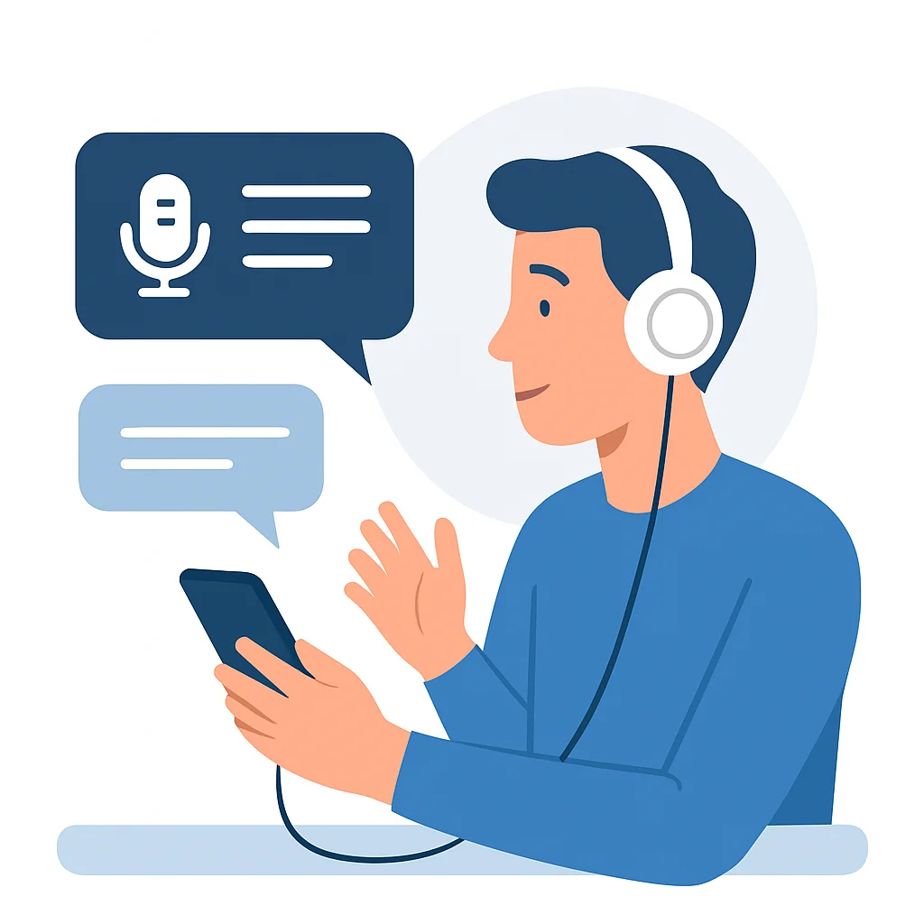 Persona escuchando activamente un podcast y repitiendo frases, demostrando la técnica de shadowing