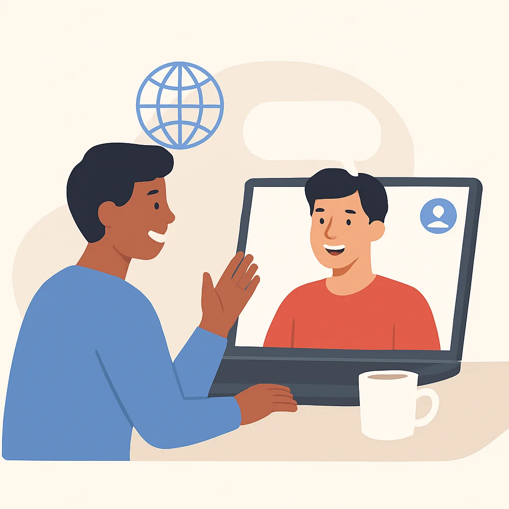 Una persona conversando felizmente con otra persona de un país diferente a través de una videollamada, con un portátil y una taza de café.