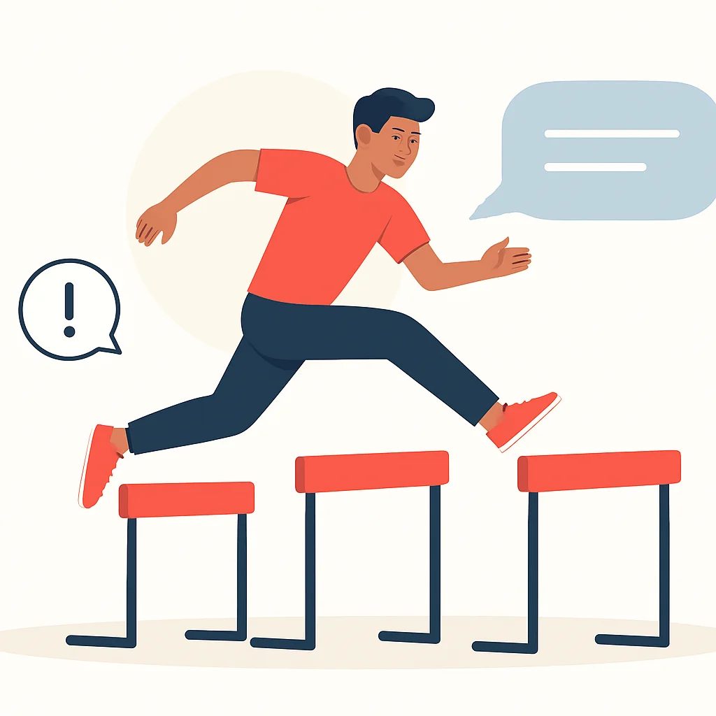 Persona superando obstáculos en una carrera, simbolizando superar errores comunes al aprender idiomas