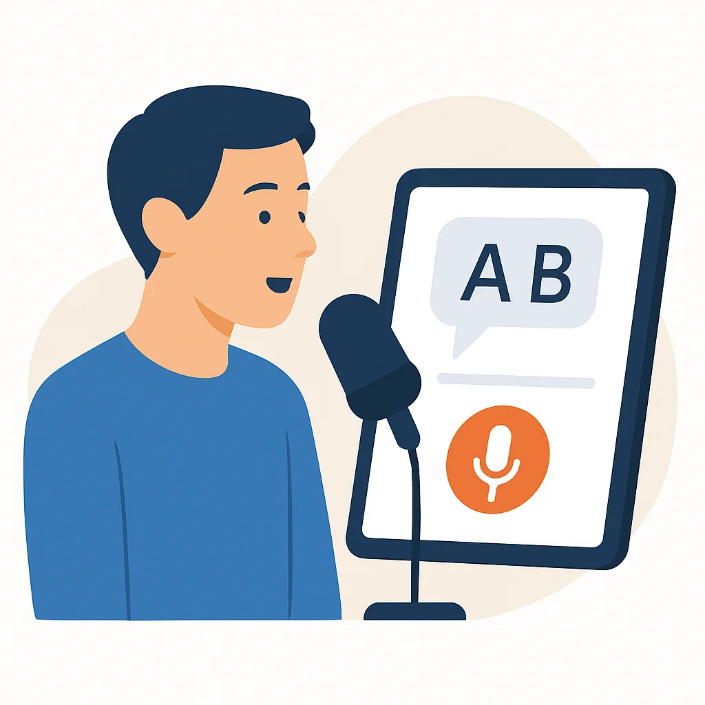Persona hablando a un micrófono con una app de idiomas en tablet, ilustrando práctica de habla activa