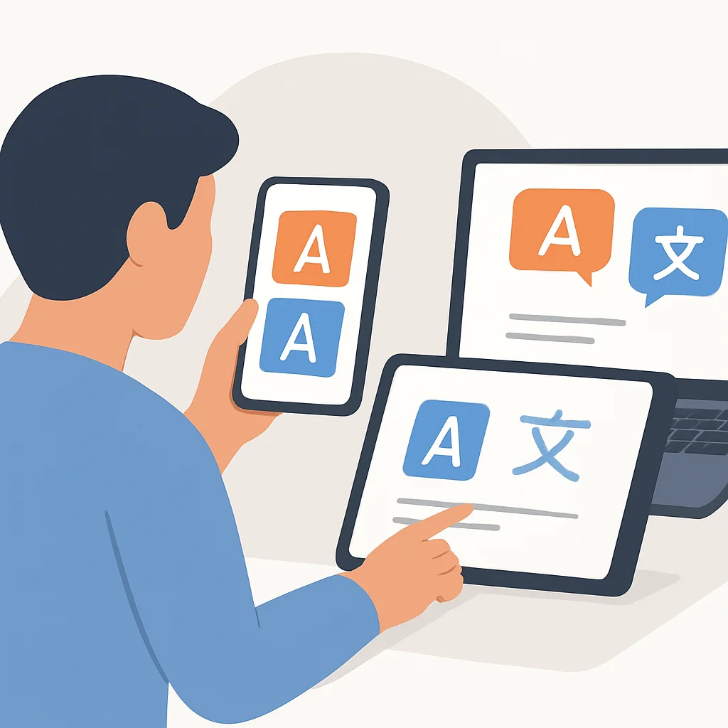 Persona usando múltiples dispositivos con interfaces de aprendizaje de idiomas, representando aprendizaje diversificado