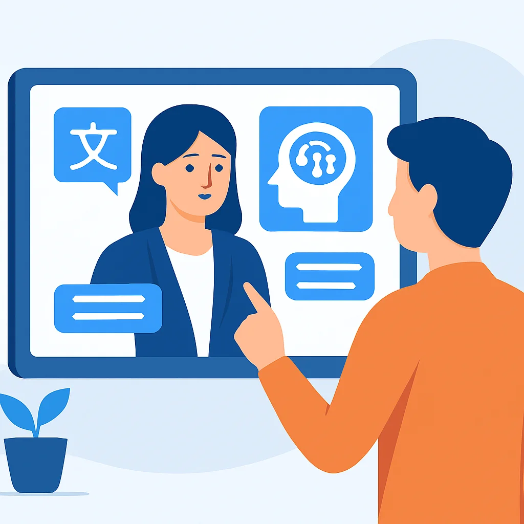 Representación estilizada de apps y plataformas de aprendizaje de idiomas con IA, mostrando a un usuario interactuando con un tutor virtual