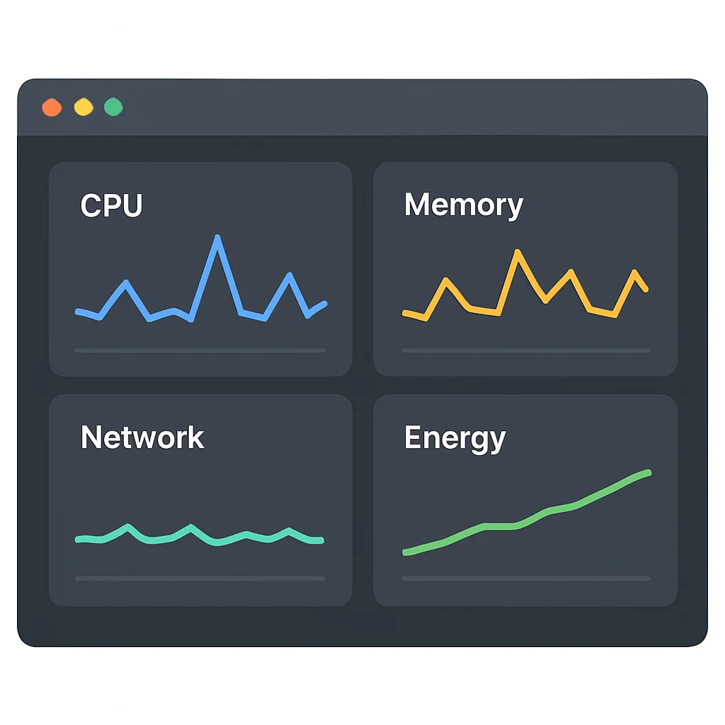 Interfaz de usuario del Android Studio Profiler mostrando gráficos de uso de CPU, Memoria, Red y Energía