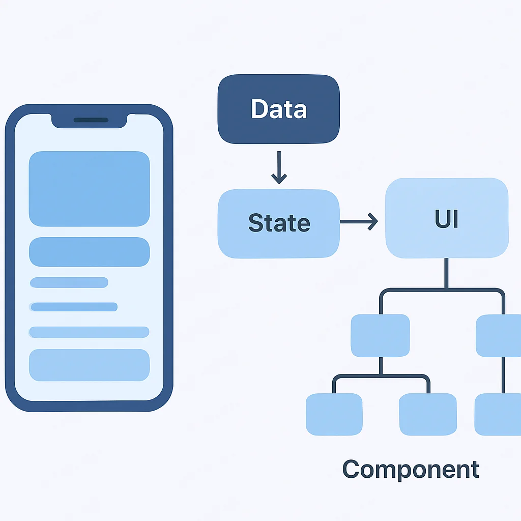Diagrama arquitectónico de una aplicación móvil moderna con UI declarativa, mostrando el flujo de datos y la jerarquía de componentes