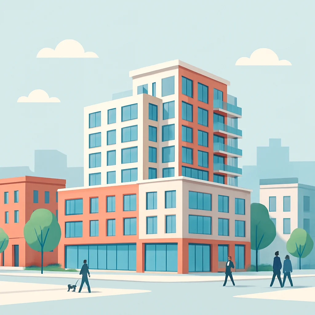 Render arquitectónico de un proyecto de desarrollo de uso mixto en un área urbana revitalizada