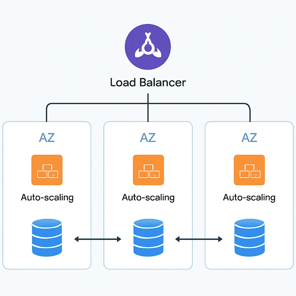 Diagrama de arquitectura de Alta Disponibilidad con AZs, balanceo de carga y autoescalado