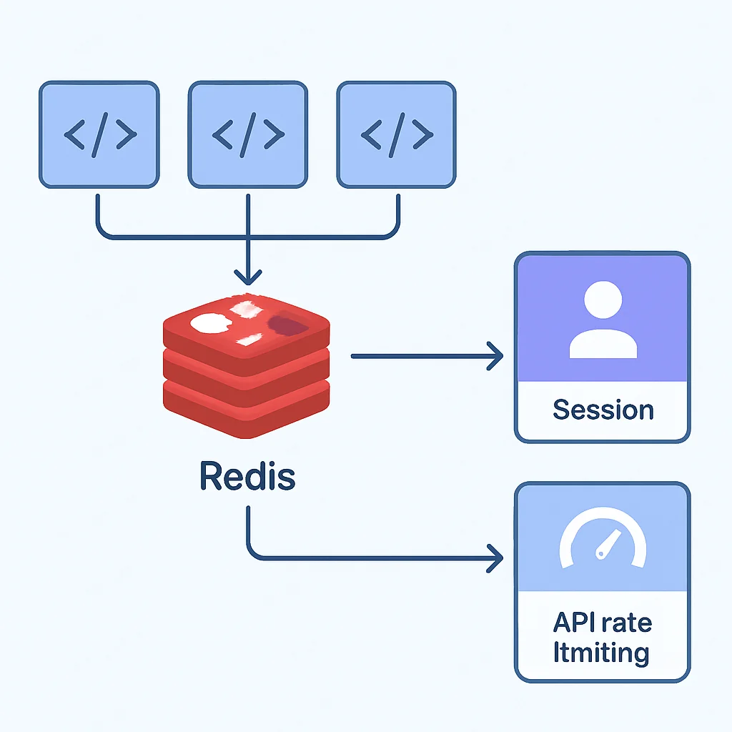 Diagrama de arquitectura mostrando cómo se usa Redis para gestión de sesiones y limitación de tasa de API en un entorno de microservicios
