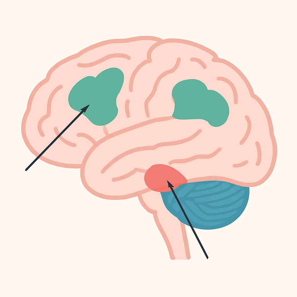 Diagrama cerebral mostrando el aumento de materia gris y la reducción de actividad en la amígdala tras la práctica de mindfulness