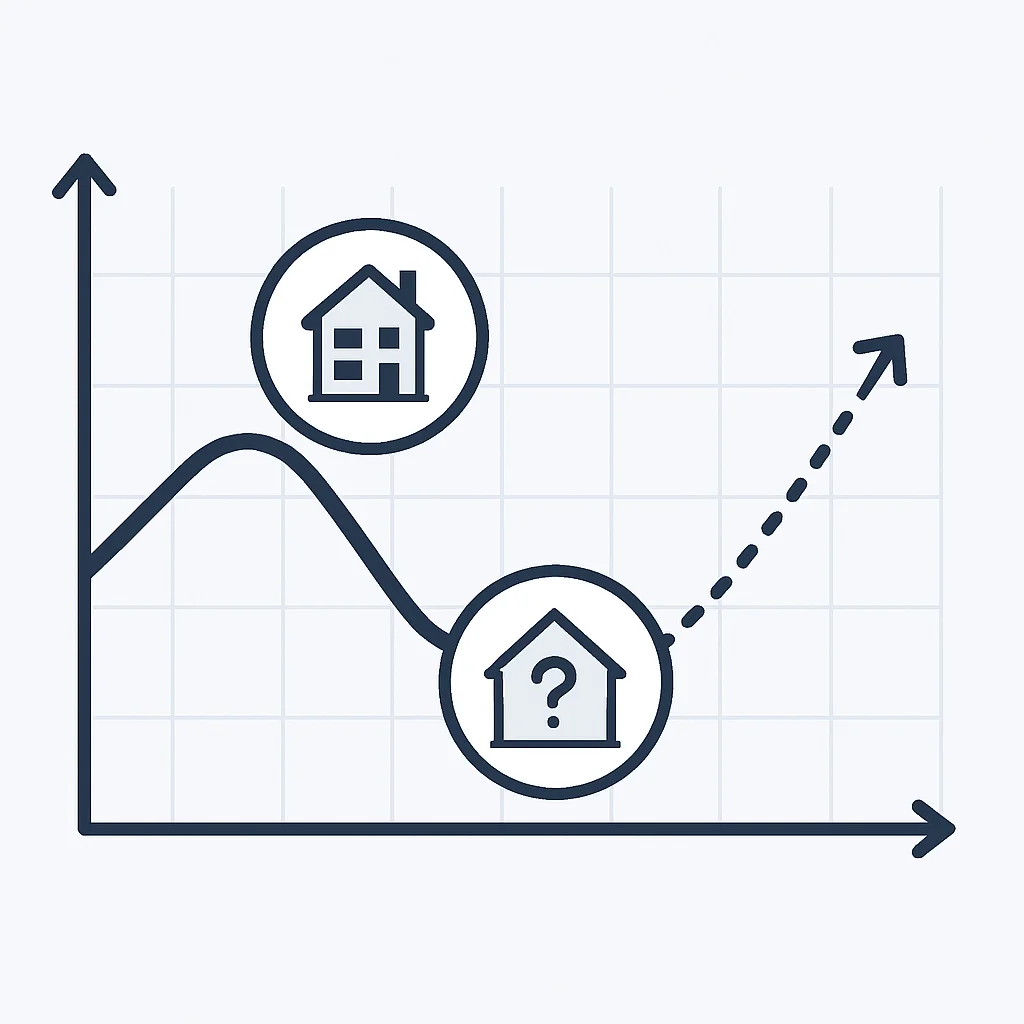 Gráfico que ilustra posibles caídas y fases de recuperación del mercado inmobiliario