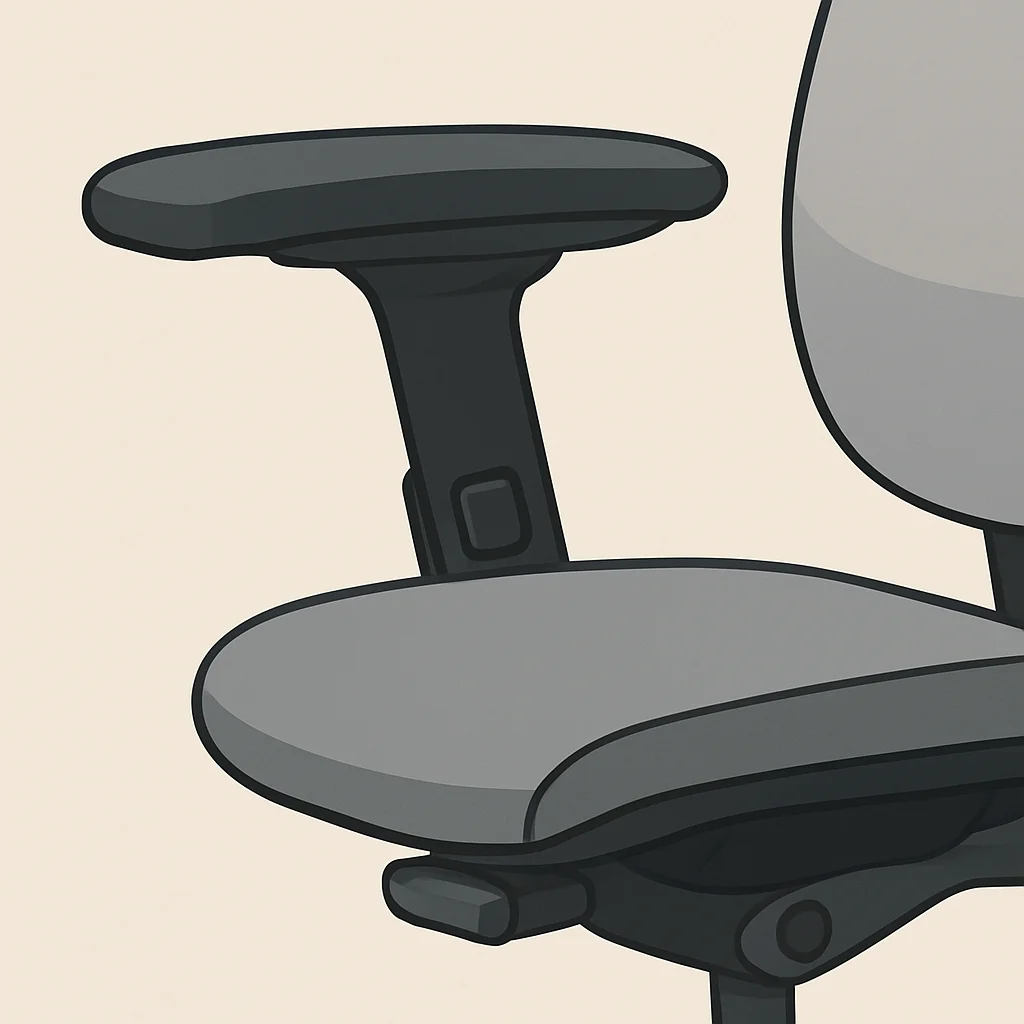 Primer plano de los reposabrazos ajustables y las palancas de control de una silla ergonómica, destacando la calidad de fabricación.