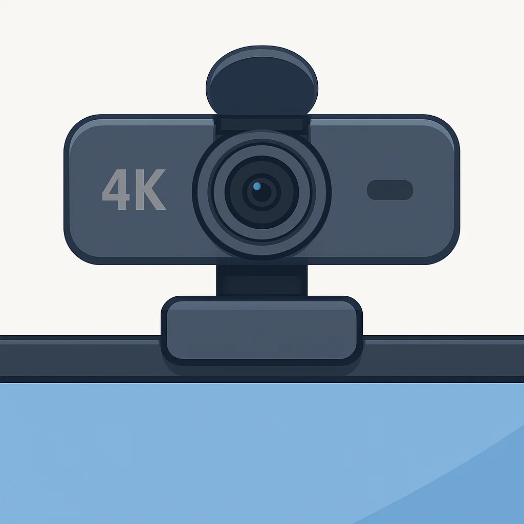 Primer plano de una webcam 4K moderna y elegante con el obturador de privacidad abierto, montada en un monitor