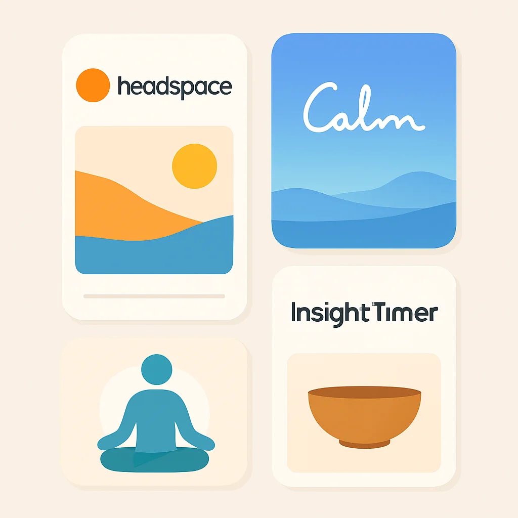Collage de capturas de pantalla de aplicaciones populares de mindfulness como Headspace, Calm y Insight Timer