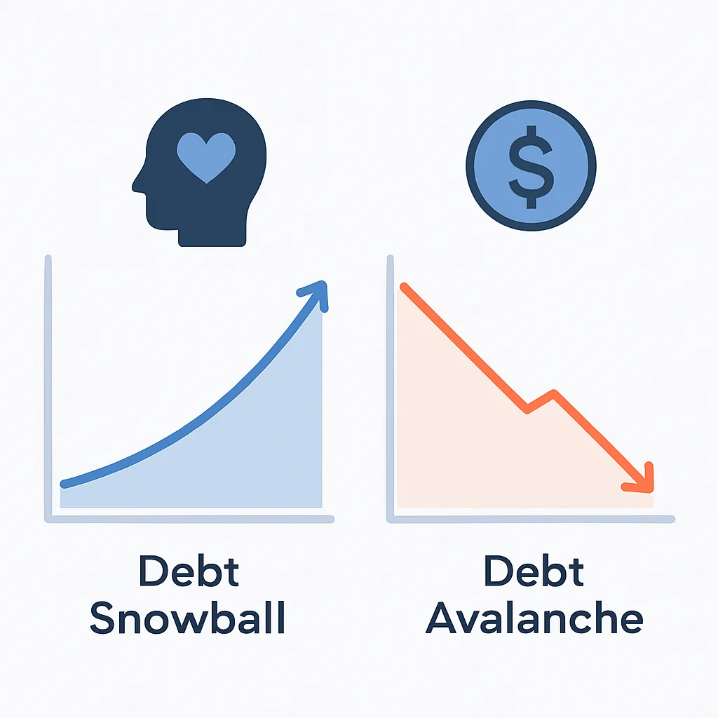 Gráfico comparativo entre los métodos Bola de Nieve y Avalancha de deuda mostrando beneficios psicológicos vs. financieros a lo largo del tiempo