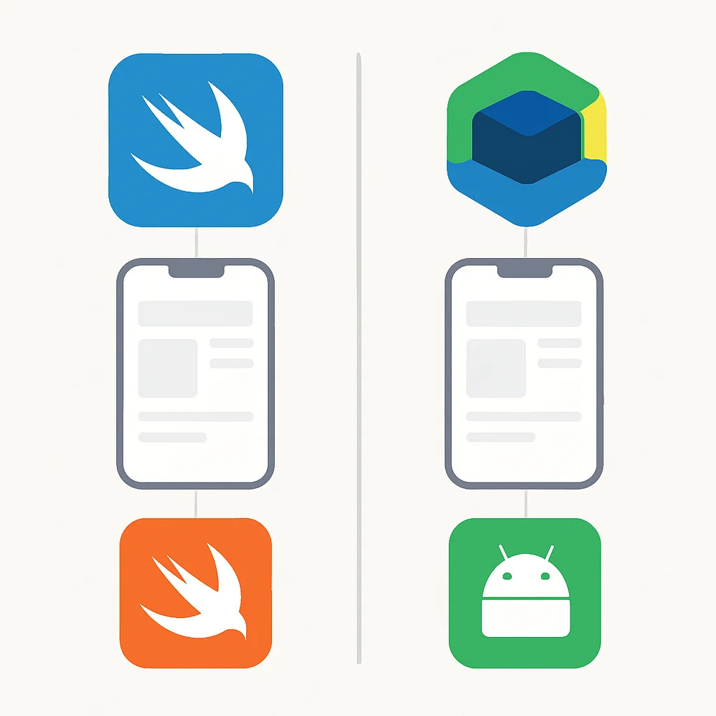 Diagrama comparativo de las arquitecturas de SwiftUI y Jetpack Compose, destacando sus integraciones de lenguaje y plataforma respectivas