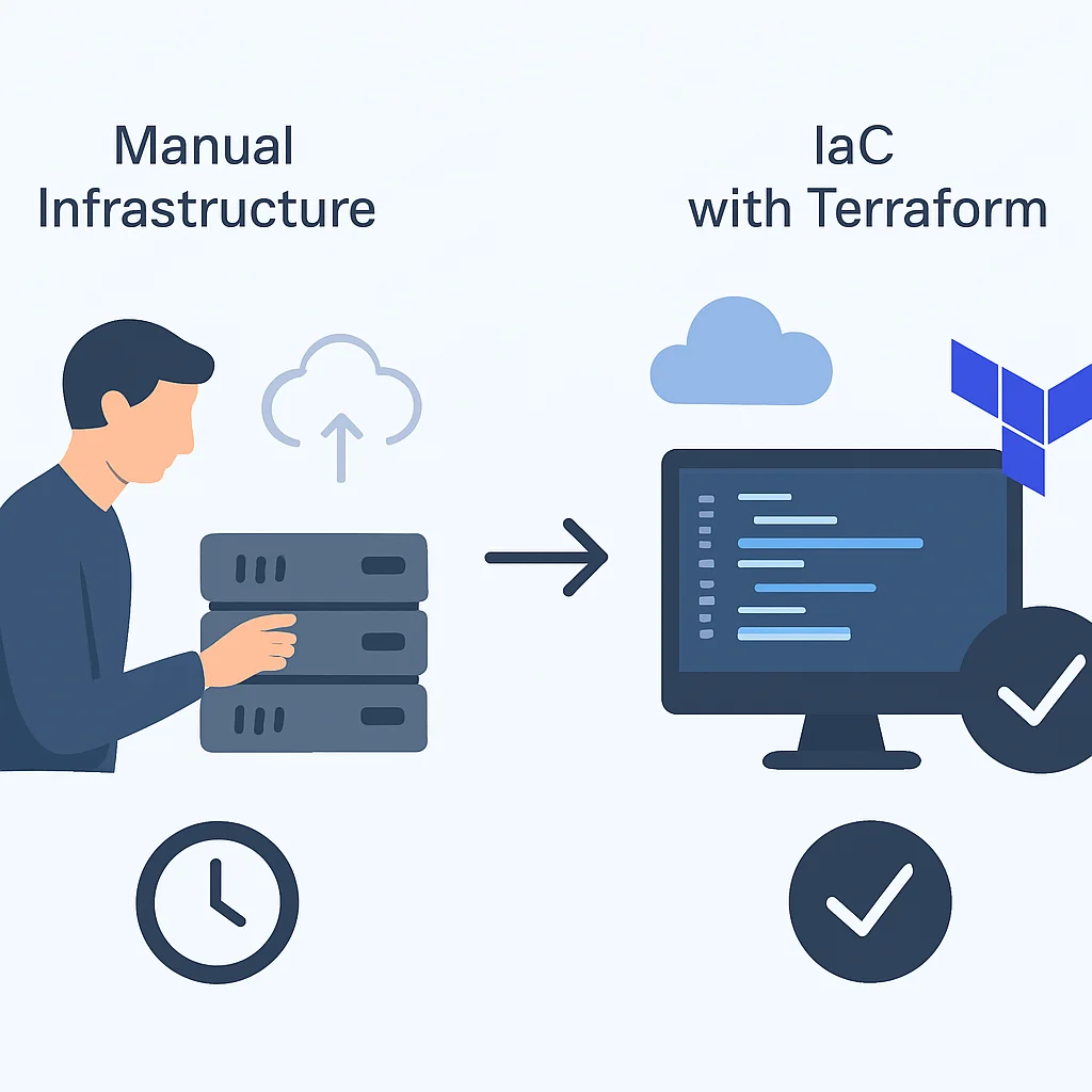 Diagrama comparativo de gestión manual de infraestructura vs. IaC con Terraform, resaltando consistencia y velocidad